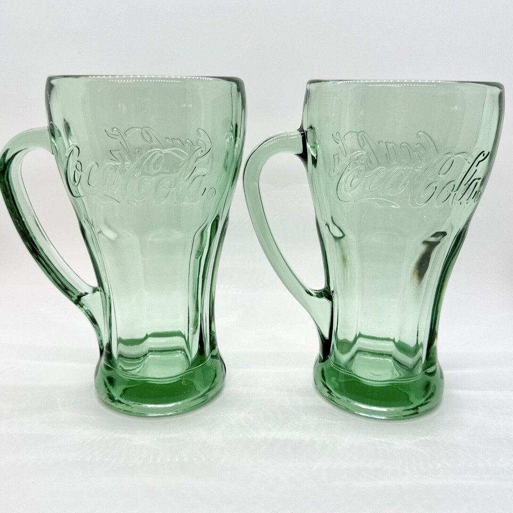 Set Of 2 Vintage‎ Green Coca-Cola Glasses With Handle Mugs 14 oz Heavy
